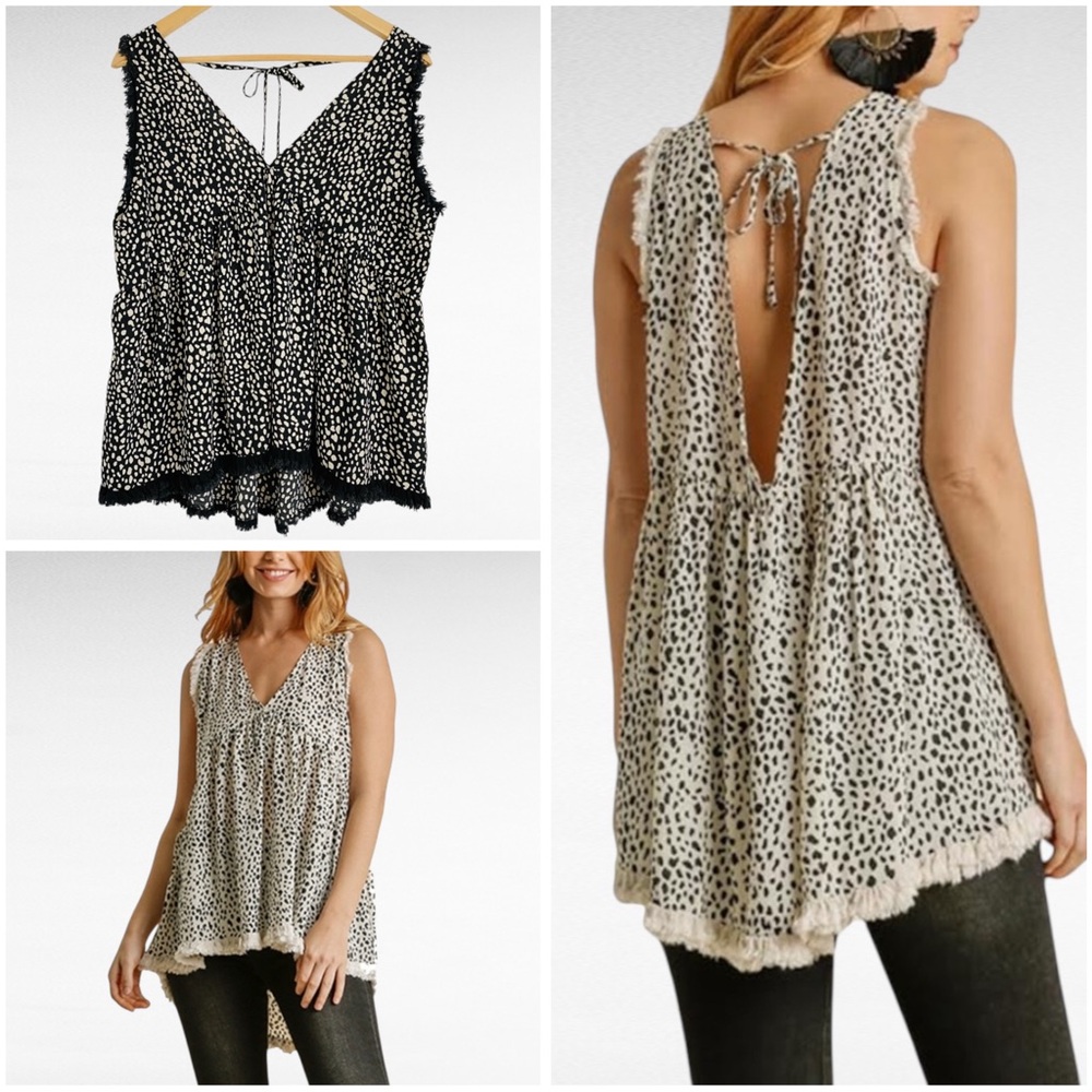 Umgee | Black & White Animal Print Flowy Frayed V-Neck Babydoll Tank Top